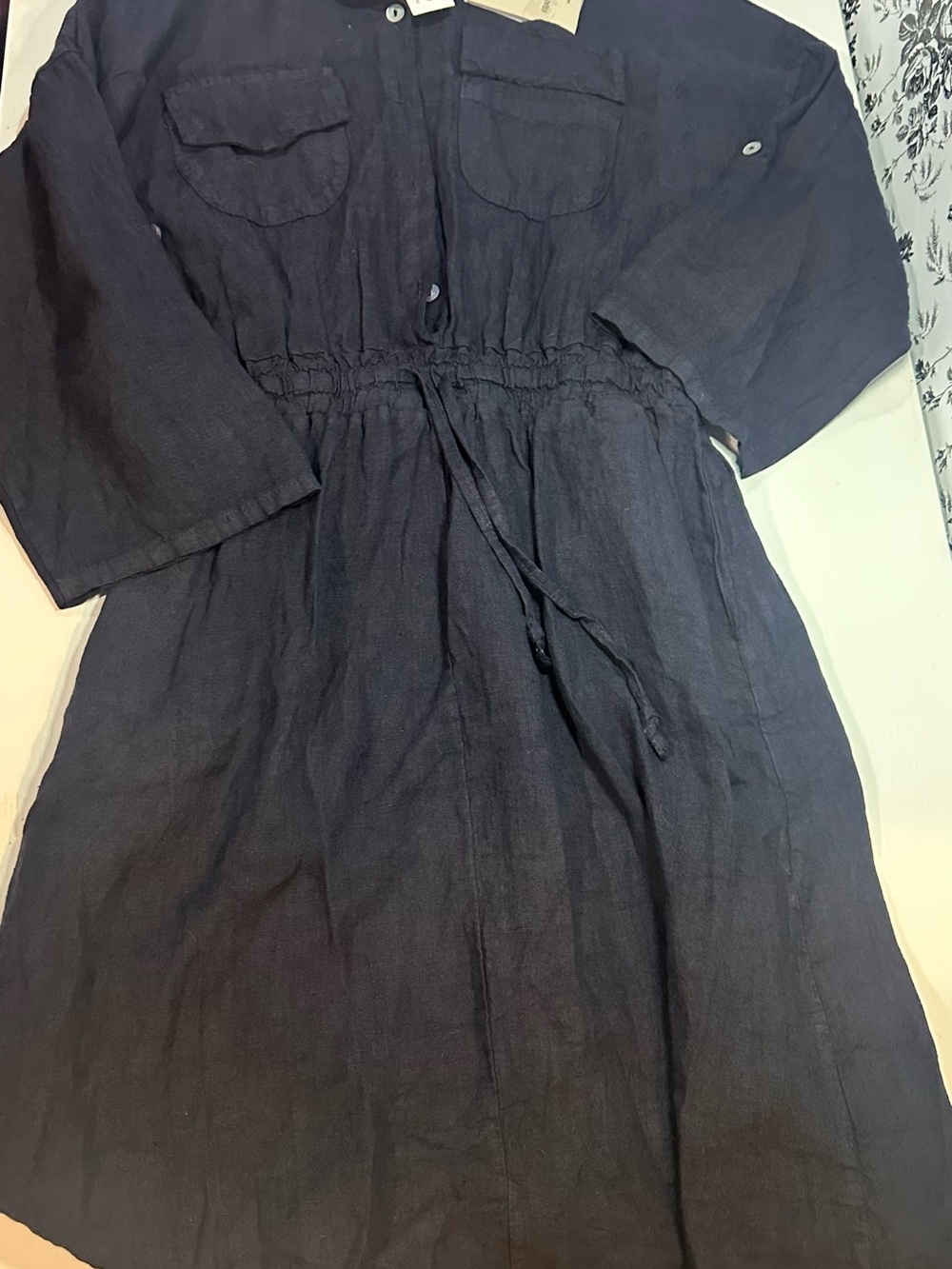 Francesca's Collections Navy Drawstring-Waist Linen Midi Dress